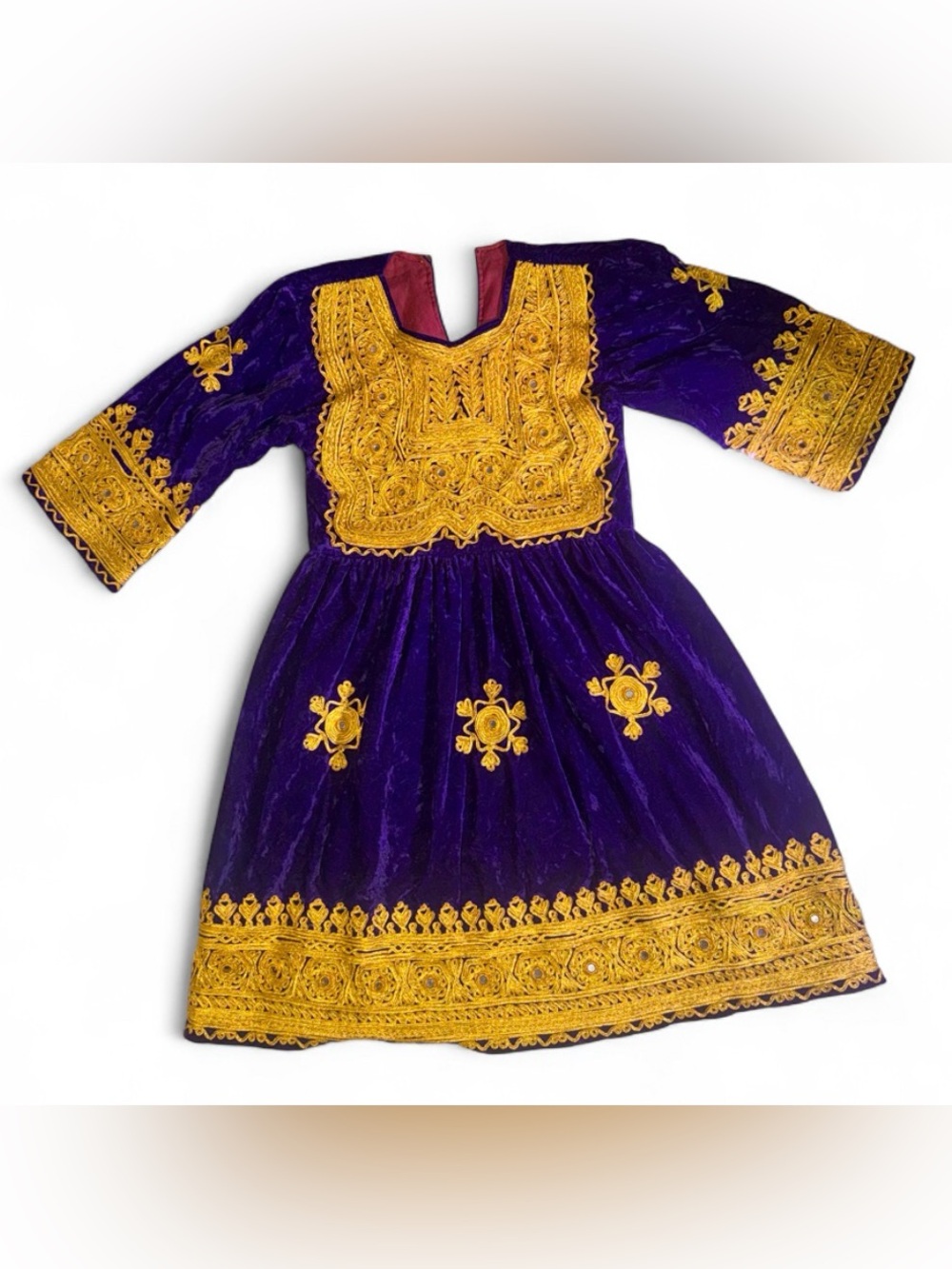 Vintage Velvet Girls Afghan-Style Dress Gold Embroidery Princess Jasmine Costume